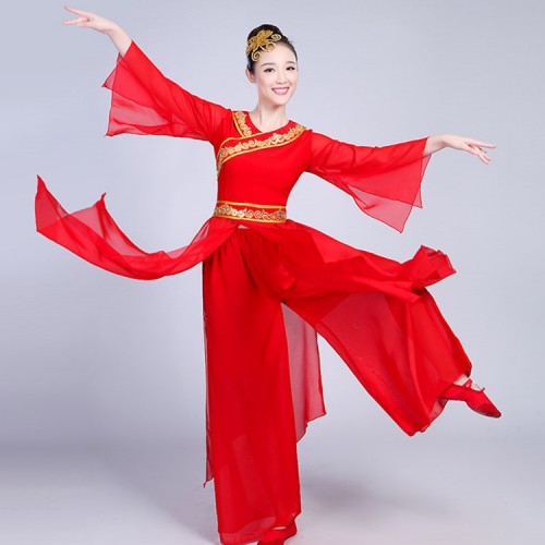 Women's chinese folk dance costumes dress china style red colored ancient traditional yangko fan umbrella dance costumes